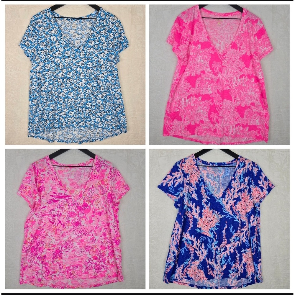 Lilly Pulitzer Lot of 4 Womens XL 100% Cotton V-Neck T-Shirt Pink Blue Floral